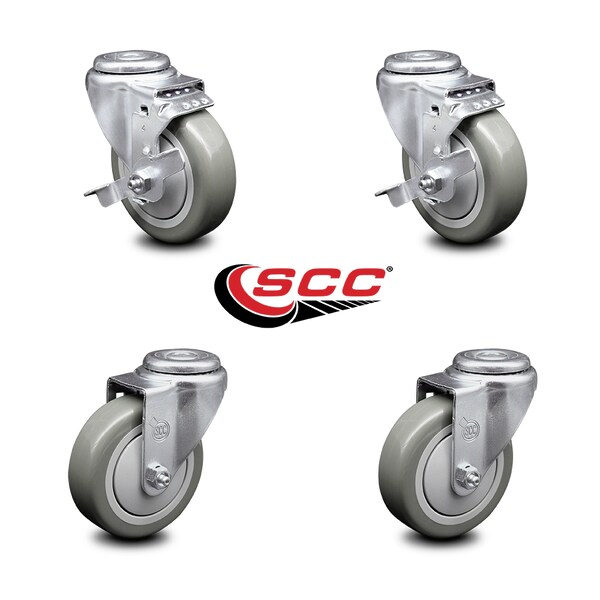 4 Inch Gray Polyurethane Wheel Swivel Bolt Hole Caster Set with 2 Brake SCC